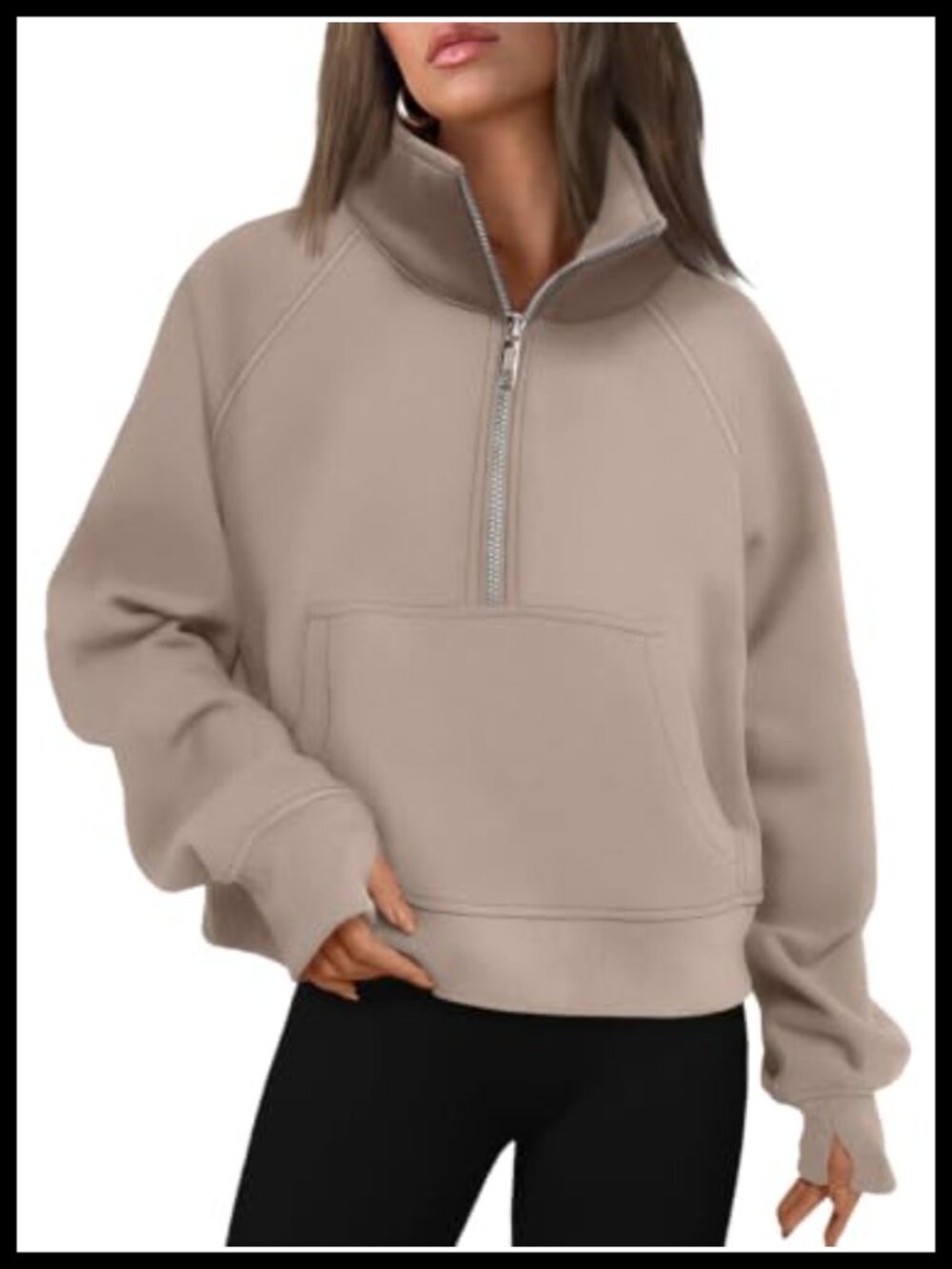 Womens Half Zip Fleece Pullover Sweatshirt Kangaroo Pocket Thumb Holes